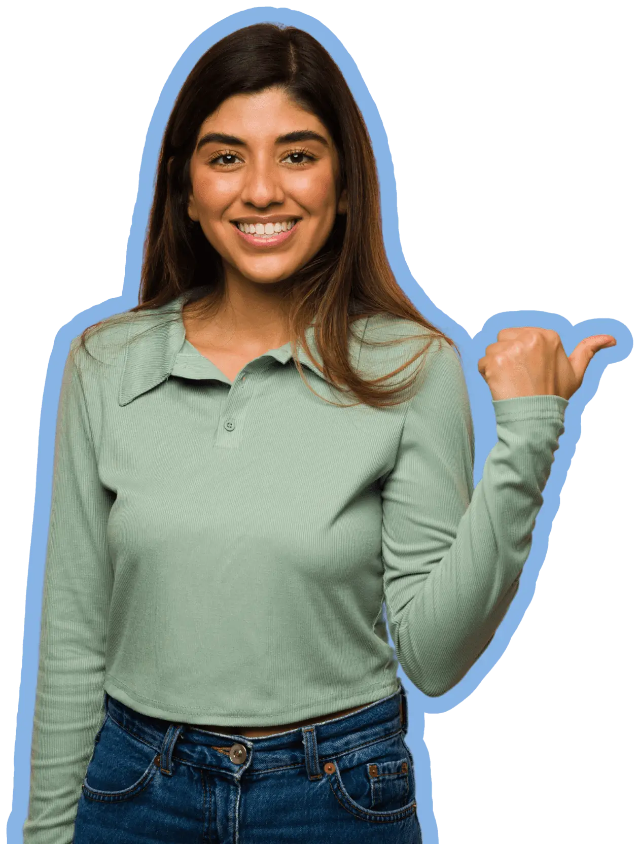 A girl Pointing to the right towards the apply button