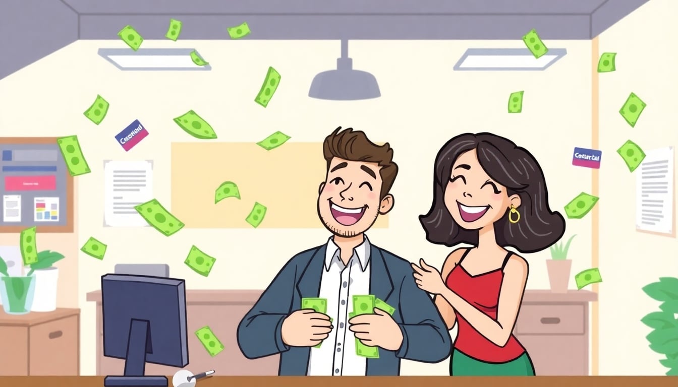 Cartoon of a business owner receiving cash happily.