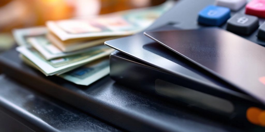 Cash register with cash and a credit card.