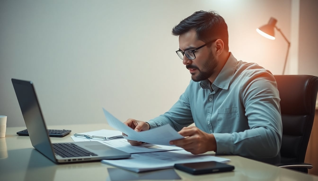 Business owner analyzing cash flow at a desk.