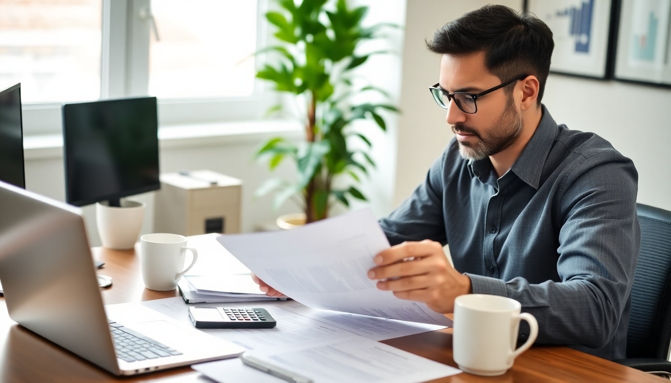 Business owner reviewing financial documents at desk.