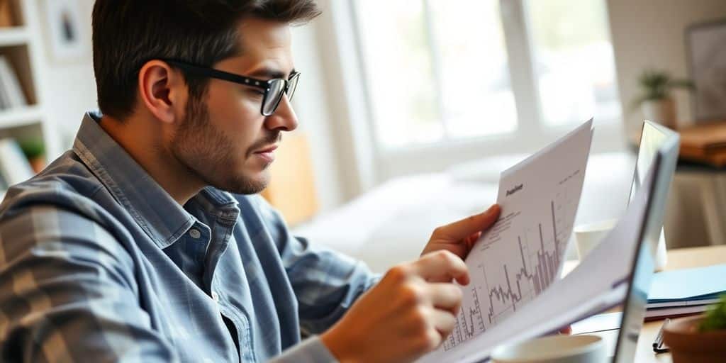 Small business owner reviewing financial documents at a laptop.