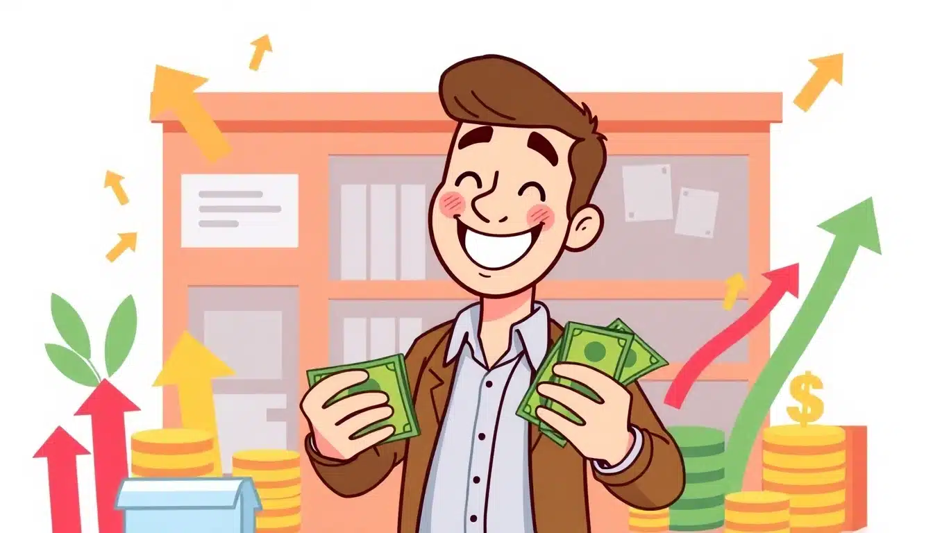 Cartoon of a business owner receiving cash advance.