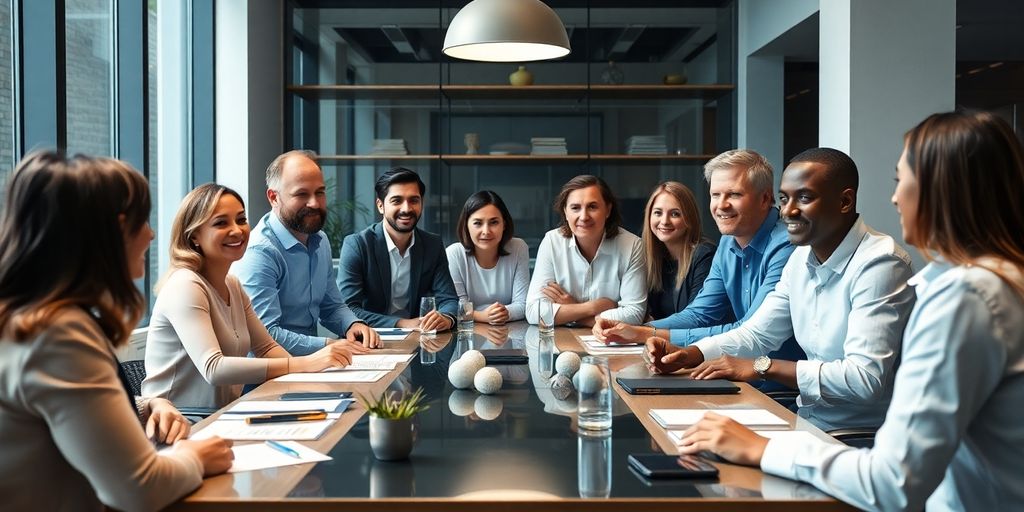 Group of business owners collaborating in a modern office.