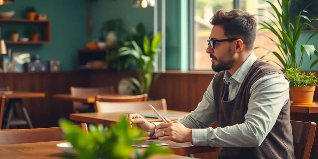 Small business owner consulting with financial advisor in café.