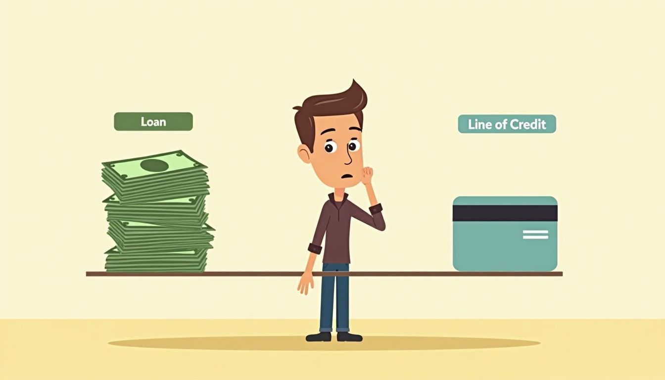 Cartoon of a person choosing between loan and credit.