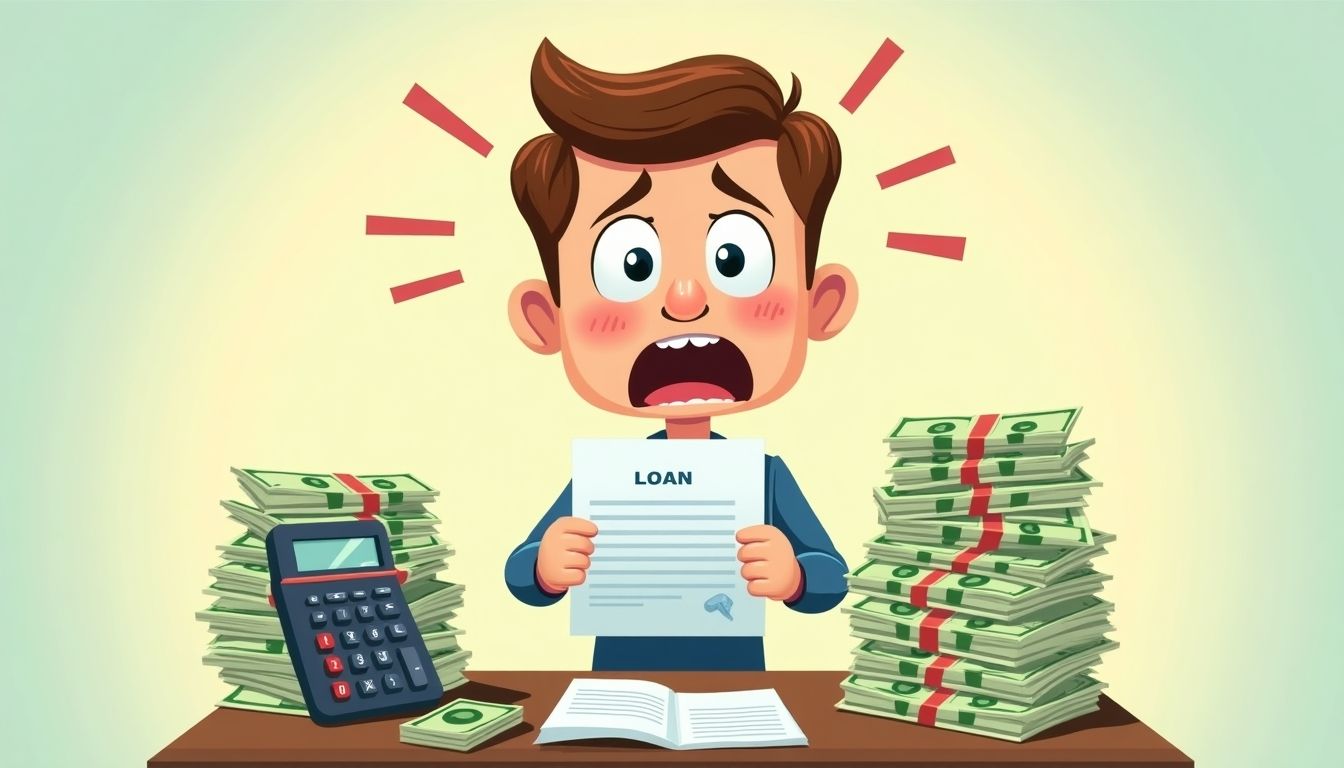 Cartoon character stressed about loan repayment.