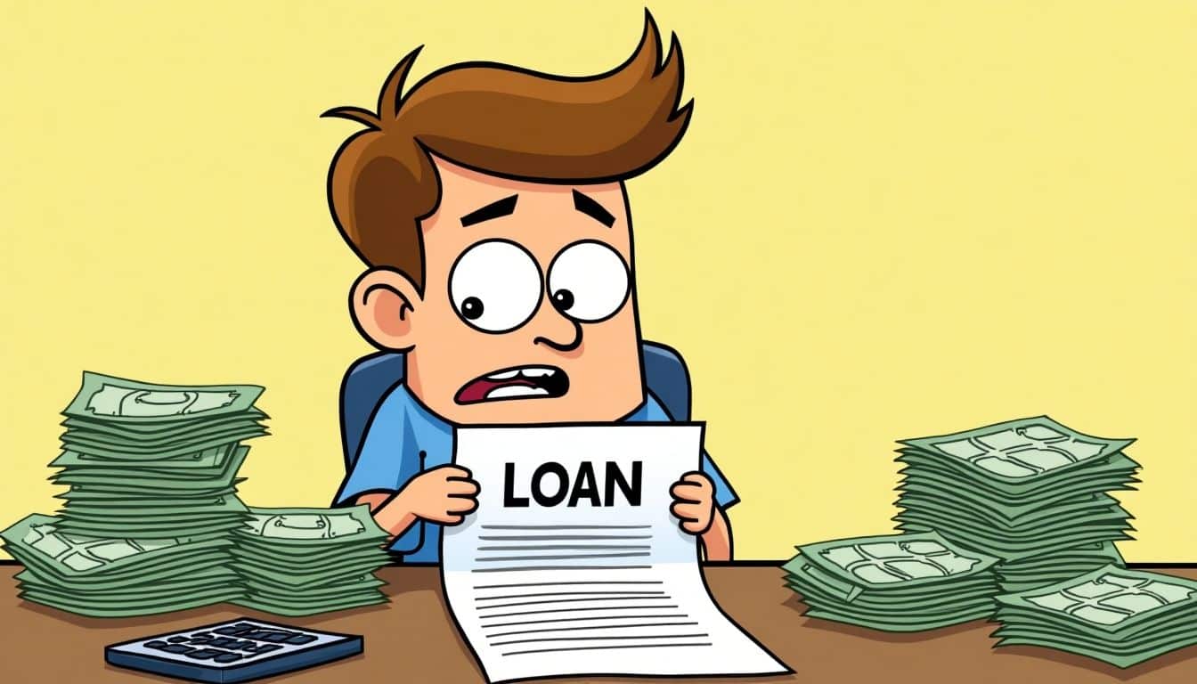 Cartoon character stressed about loan repayment surrounded by bills.