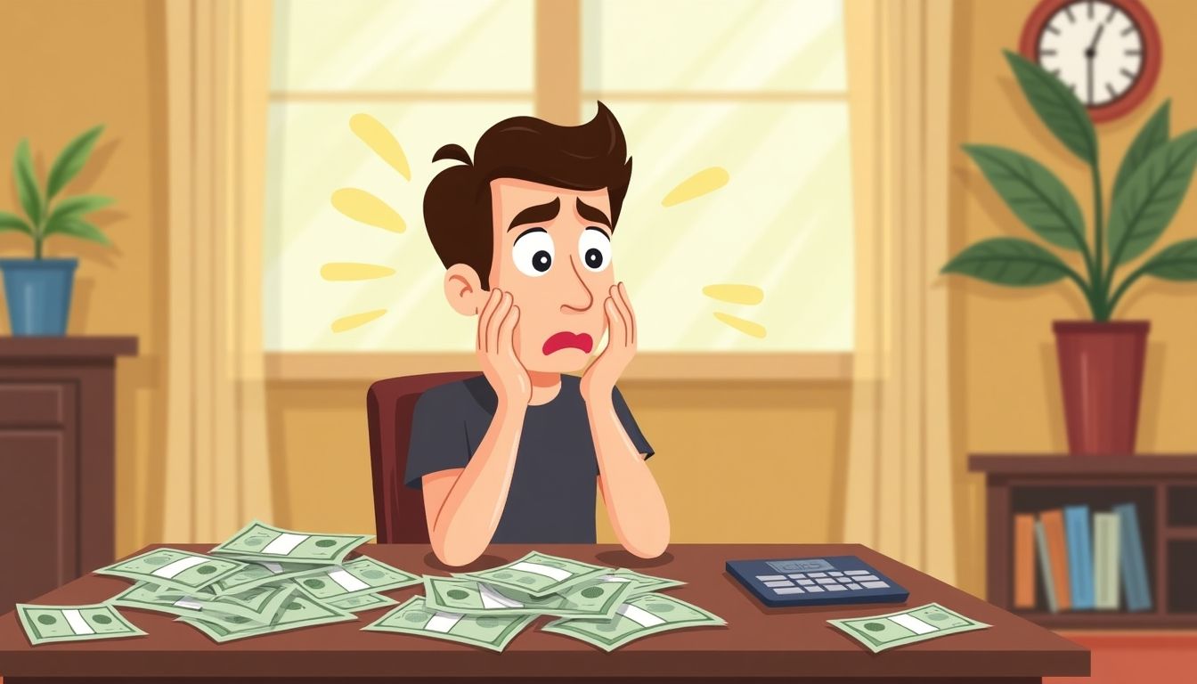 Cartoon of a stressed person with bills and calculator.