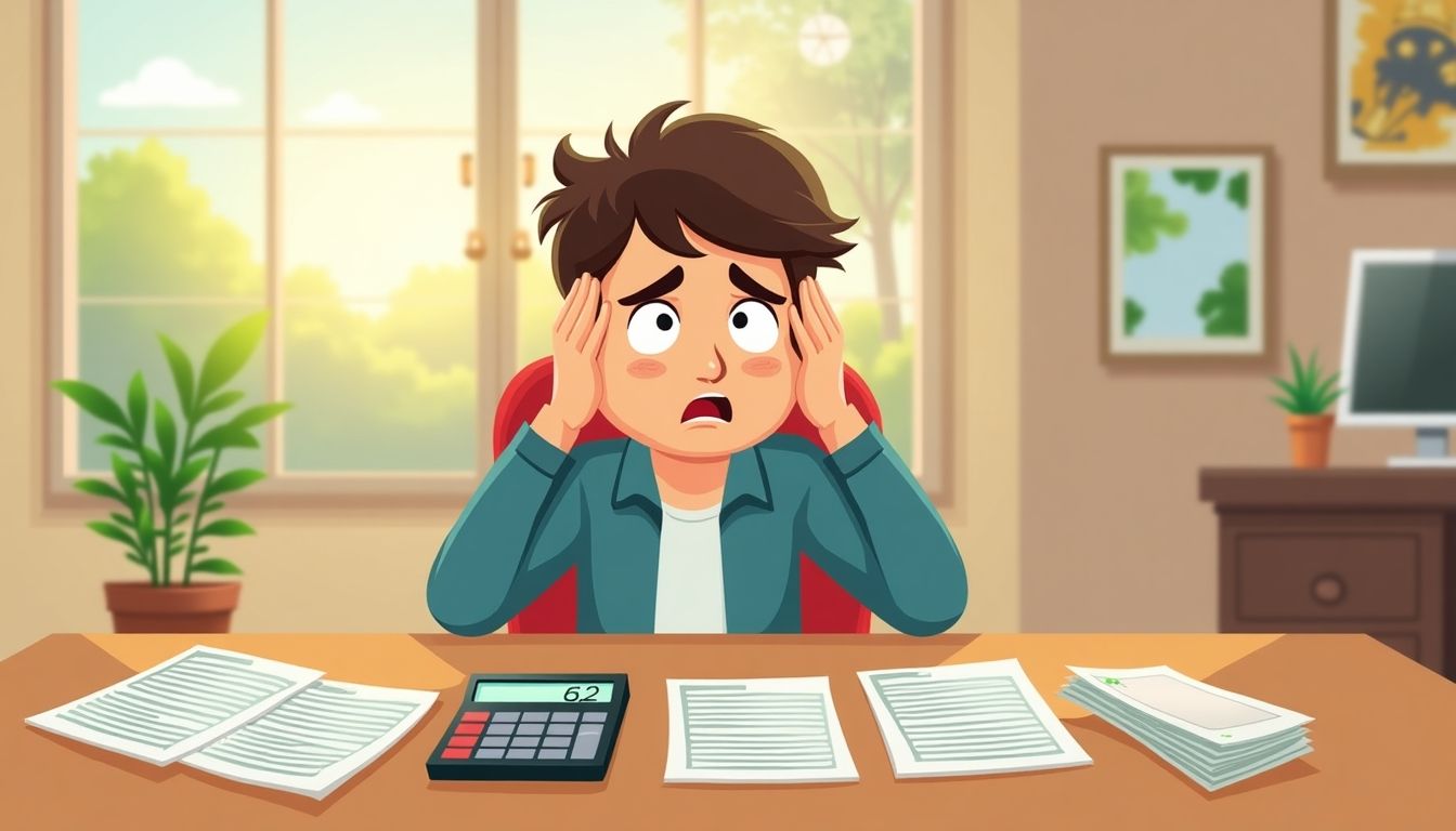 Cartoon of a stressed person with bills at a table.