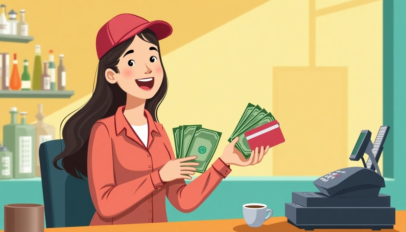 Cartoon of a business owner receiving cash advance.