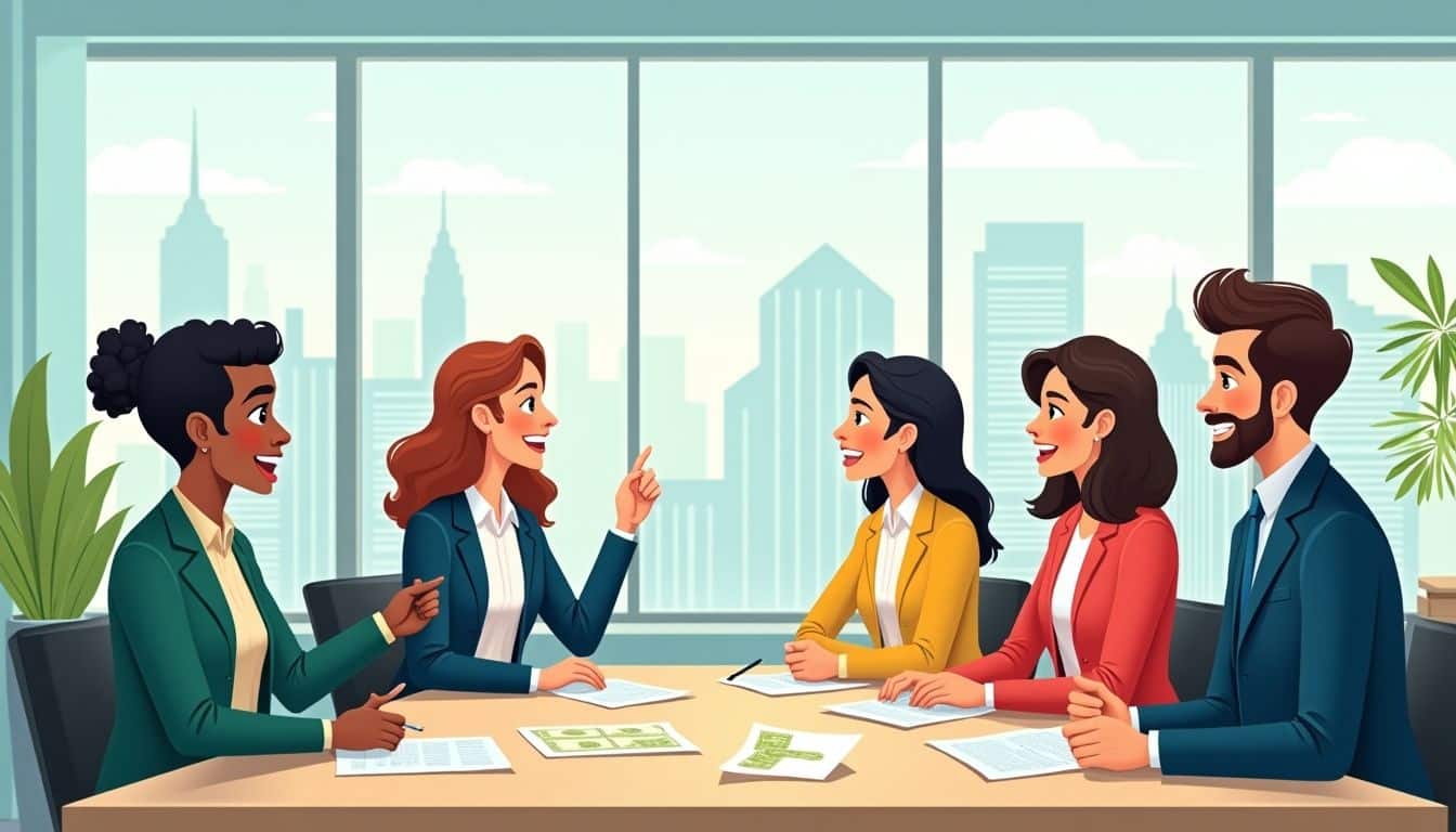 Cartoon of business owners discussing financing options in an office.