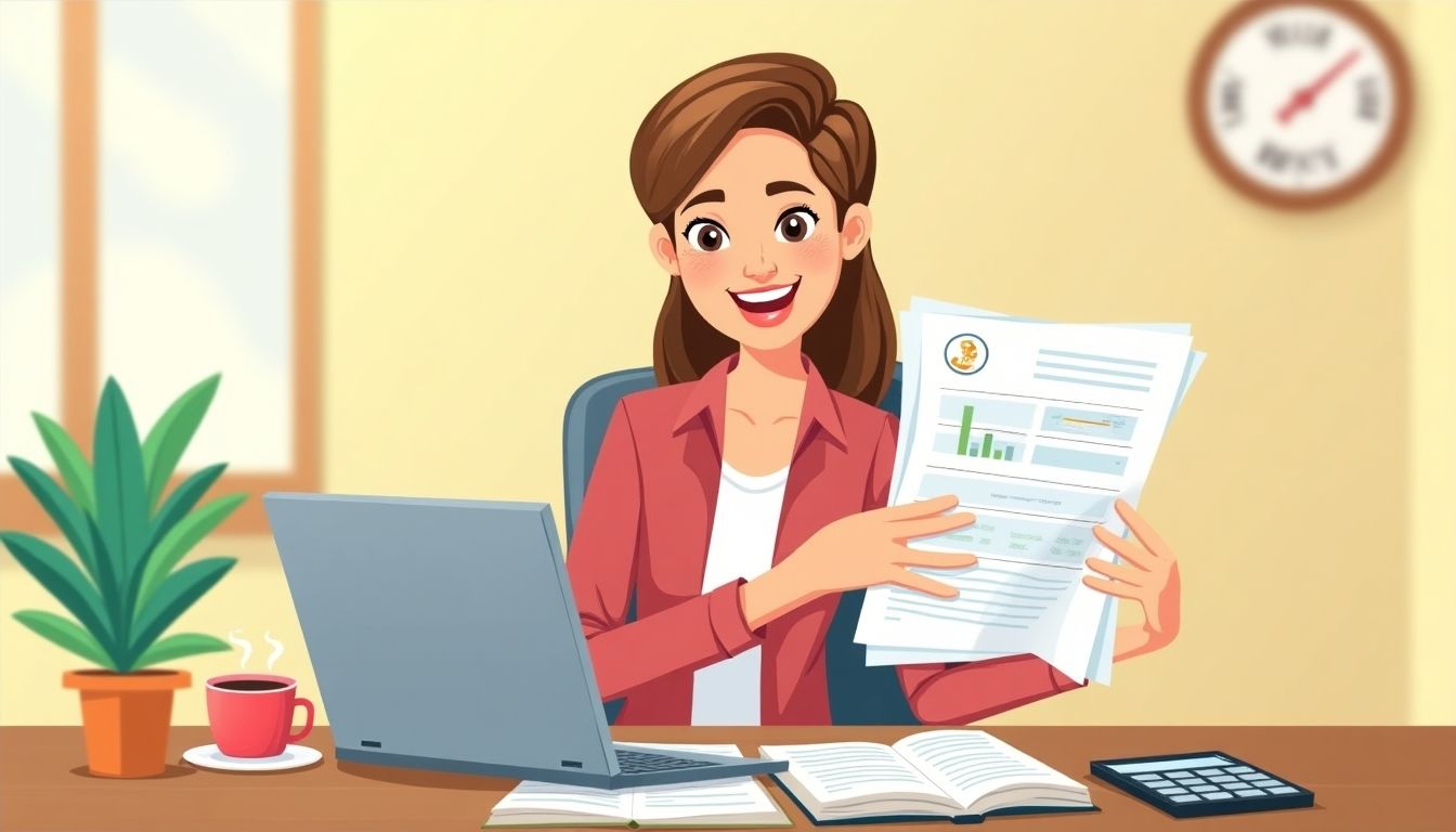 Cartoon of a business owner with financial documents.