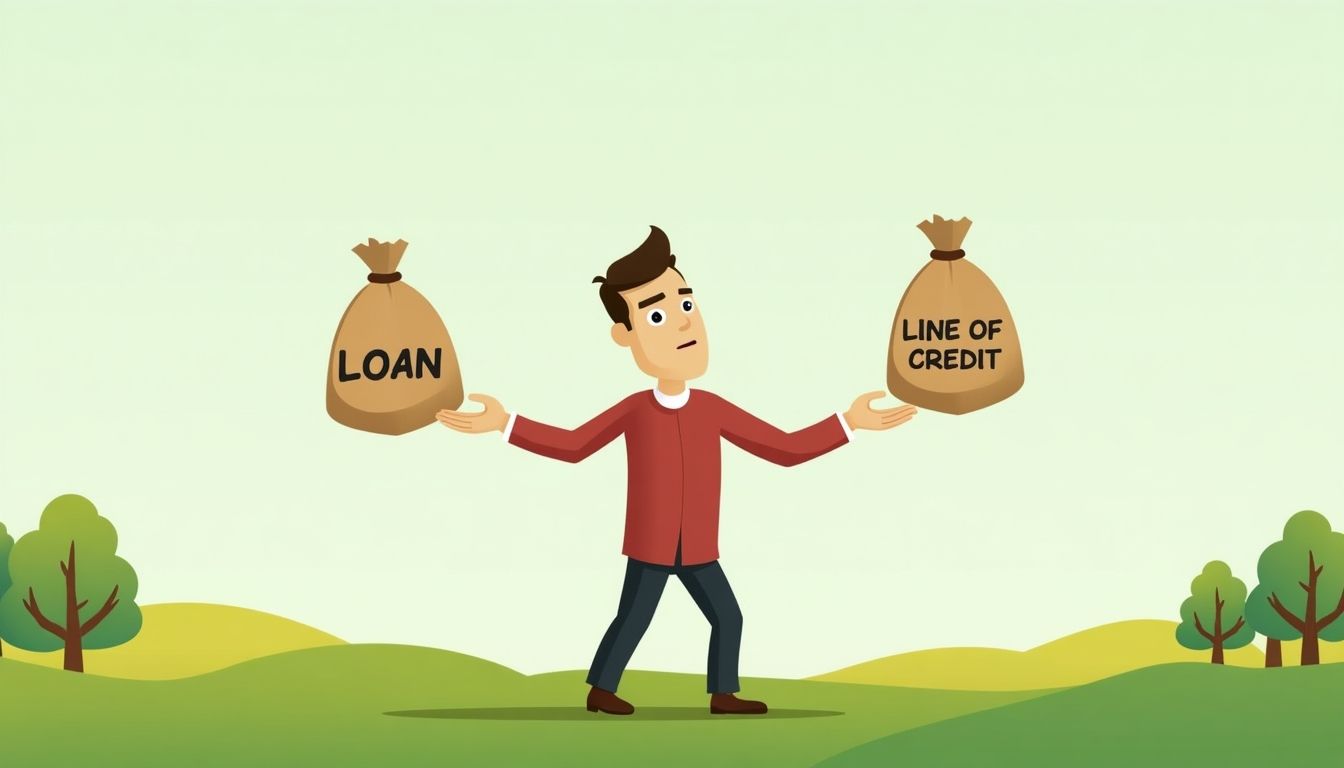 Cartoon of a person juggling loan and line of credit bags.