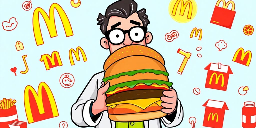 Cartoon of professor with burger, McDonald's items around.