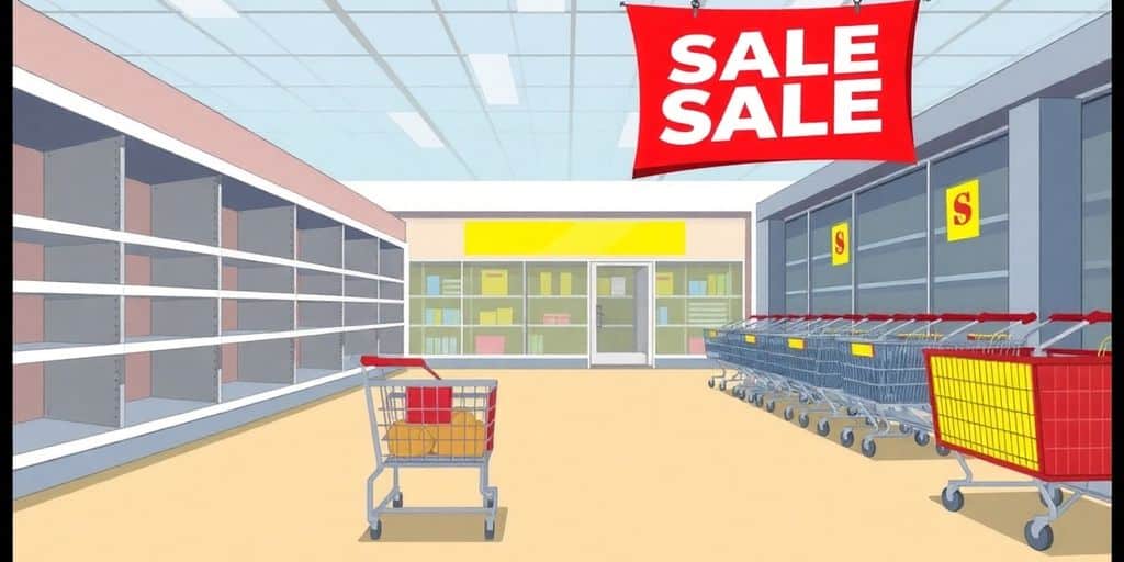 Cartoon of an empty retail store during clearance sale.