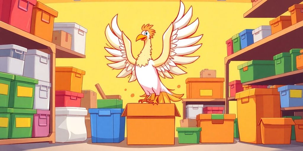 Cartoon of a store with containers and a phoenix.