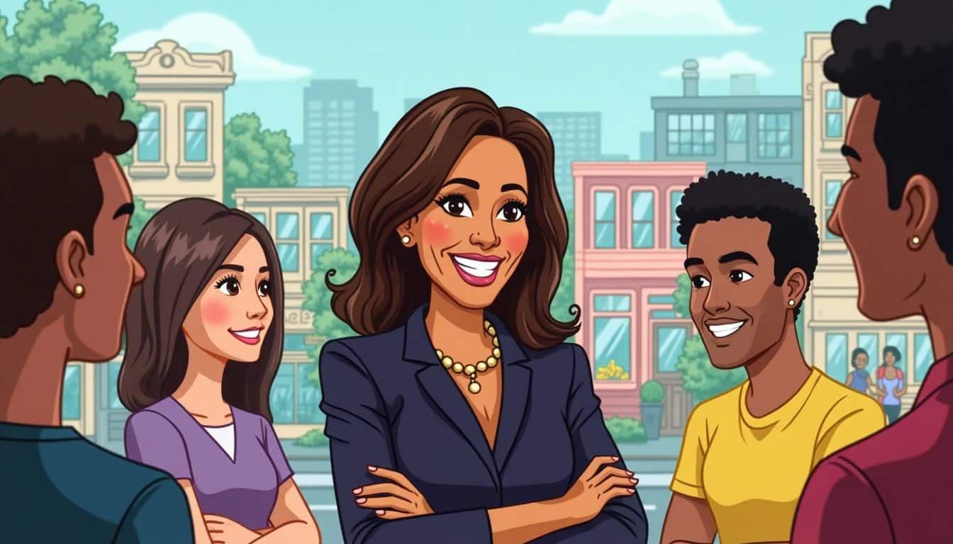 Cartoon of Kamala Harris with small business owners.